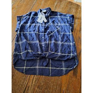 New Med True Craft Short Sleeve Tie Waist Button Blue White Shirt Linen Lyocell